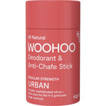 Woohoo Body Urban regular strength natural deodorant and anti-chafe stick in a 60g floral-patterned cardboard tube.