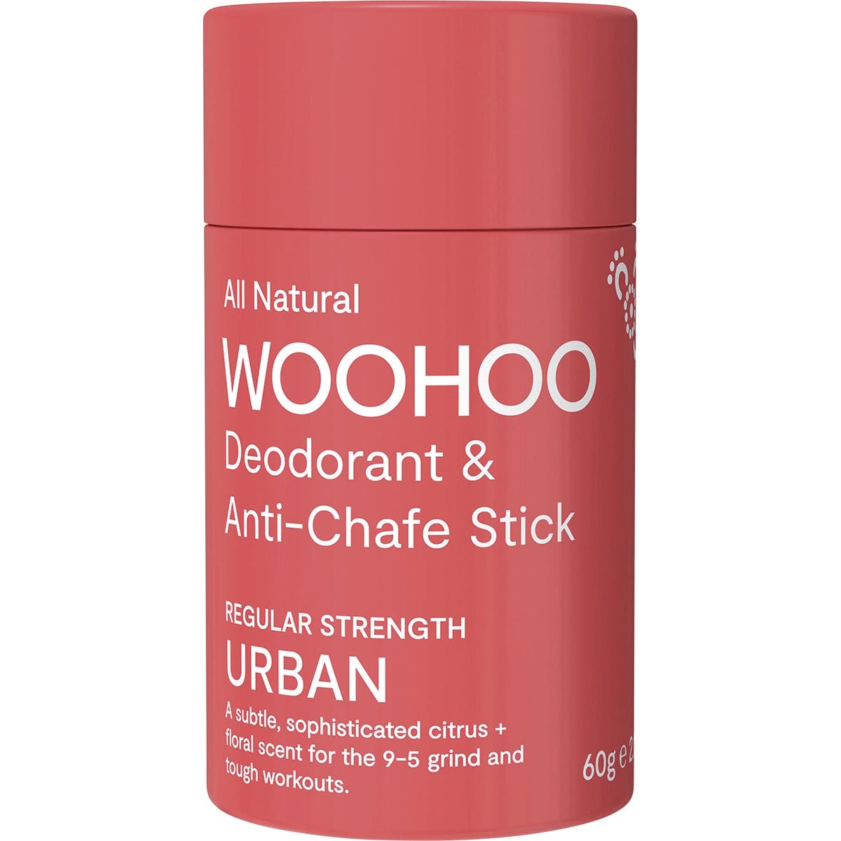 Woohoo Body Urban regular strength natural deodorant and anti-chafe stick in a 60g floral-patterned cardboard tube.