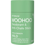 60g cardboard tube of Woohoo Wild Extra Strength Natural Deodorant and Anti-Chafe stick with a zesty citrus scent.