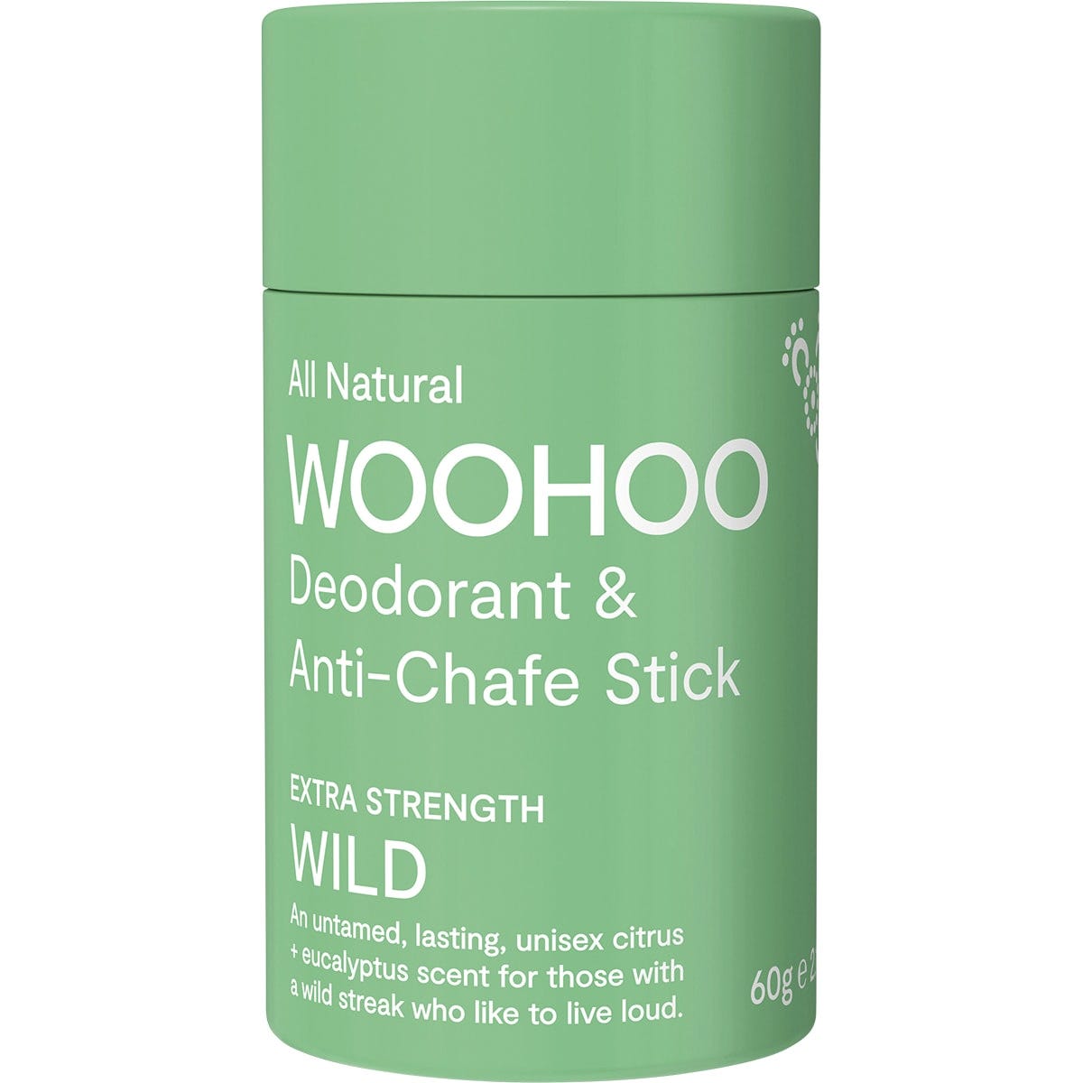 60g cardboard tube of Woohoo Wild Extra Strength Natural Deodorant and Anti-Chafe stick with a zesty citrus scent.