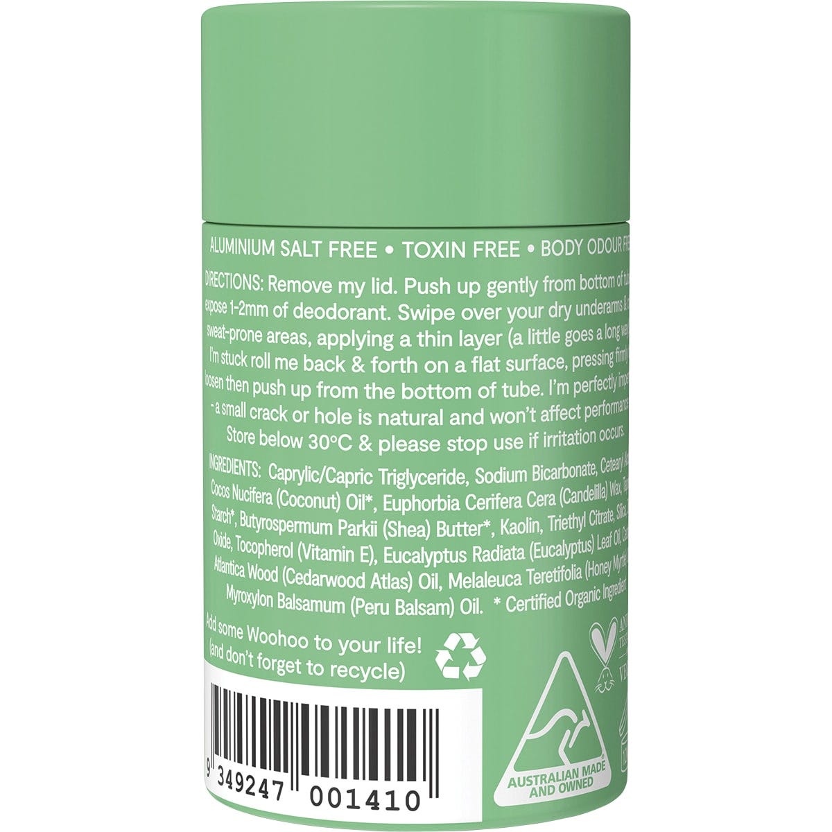 Back of Woohoo Wild Deodorant tube with directions, ingredients, and Australian made logo.