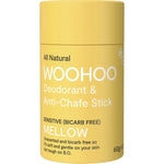 Woohoo Mellow 60g unscented, bicarb-free natural deodorant and anti-chafe stick in a yellow cardboard tube.