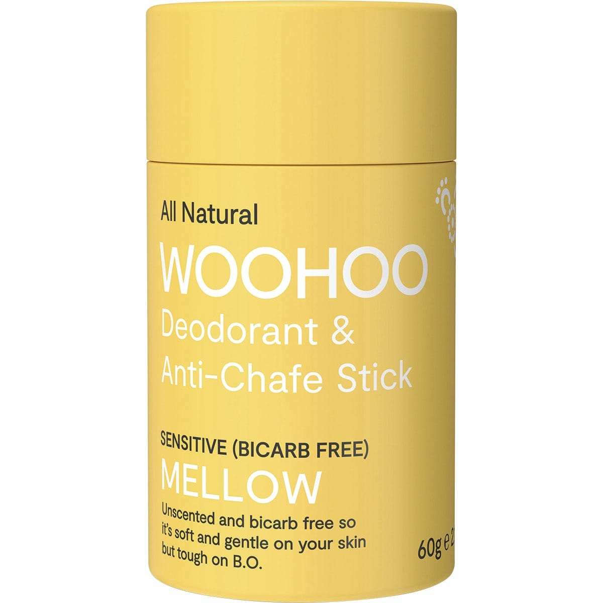 Woohoo Mellow 60g unscented, bicarb-free natural deodorant and anti-chafe stick in a yellow cardboard tube.