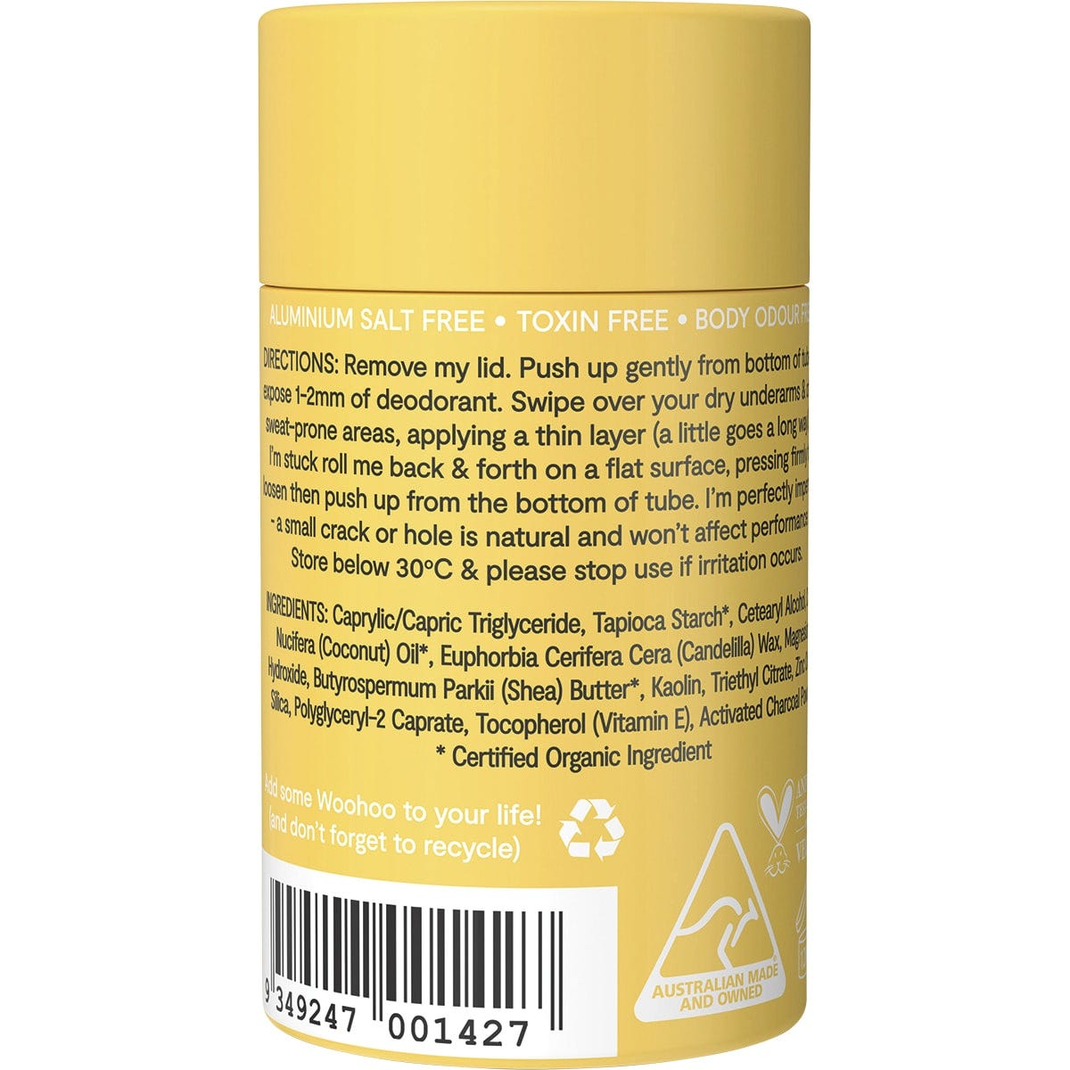 Back of Woohoo Mellow deodorant tube with ingredients, usage directions, and composting instructions.