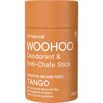 Woohoo Tango 60g bicarb-free deodorant and anti-chafe stick in a zesty orange biodegradable cardboard tube.