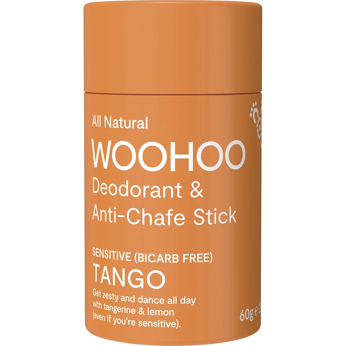 Woohoo Tango 60g bicarb-free deodorant and anti-chafe stick in a zesty orange biodegradable cardboard tube.