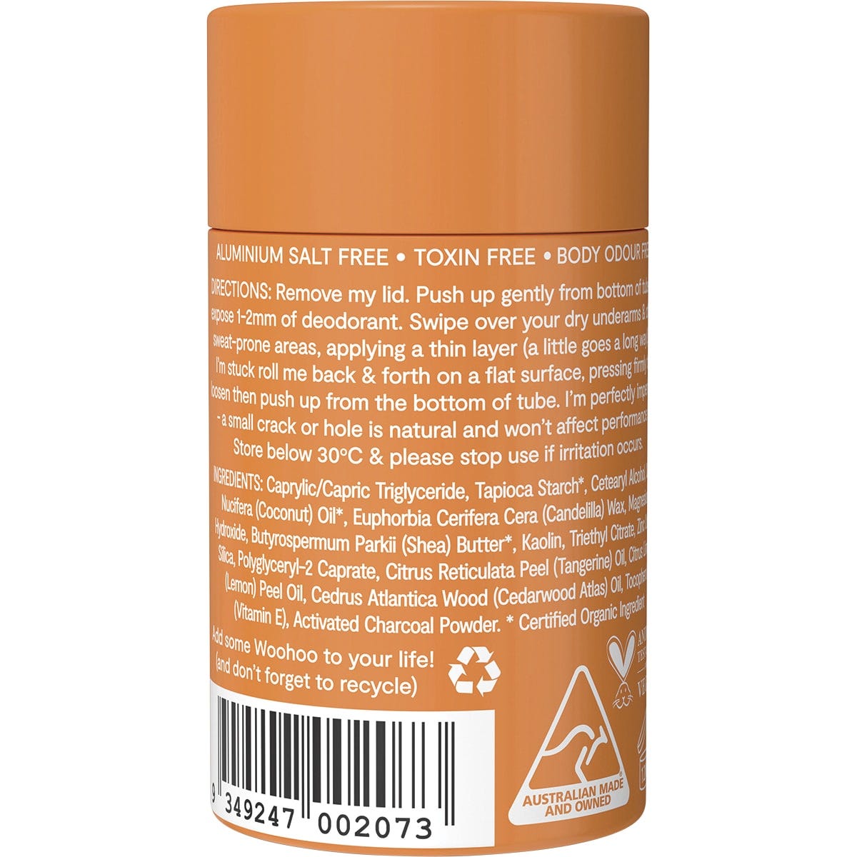 Back of Woohoo Tango Deodorant Stick with ingredients, directions for use, and product information.