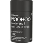 60g cardboard tube of Woohoo Body Tux Extra Strength natural deodorant and anti-chafe stick.