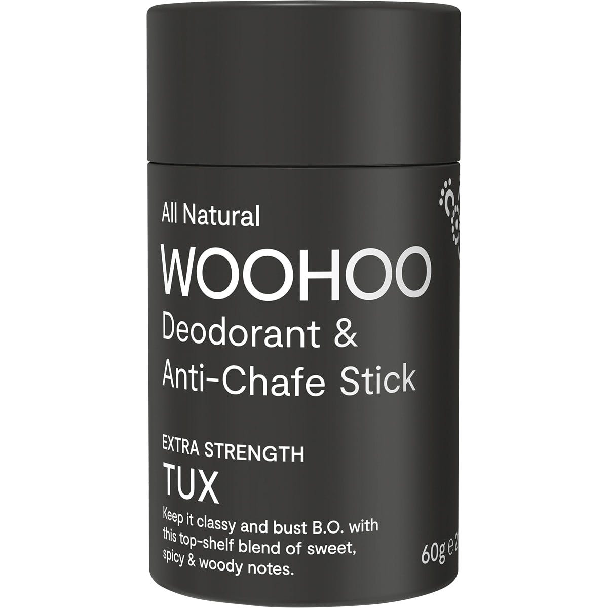 60g cardboard tube of Woohoo Body Tux Extra Strength natural deodorant and anti-chafe stick.