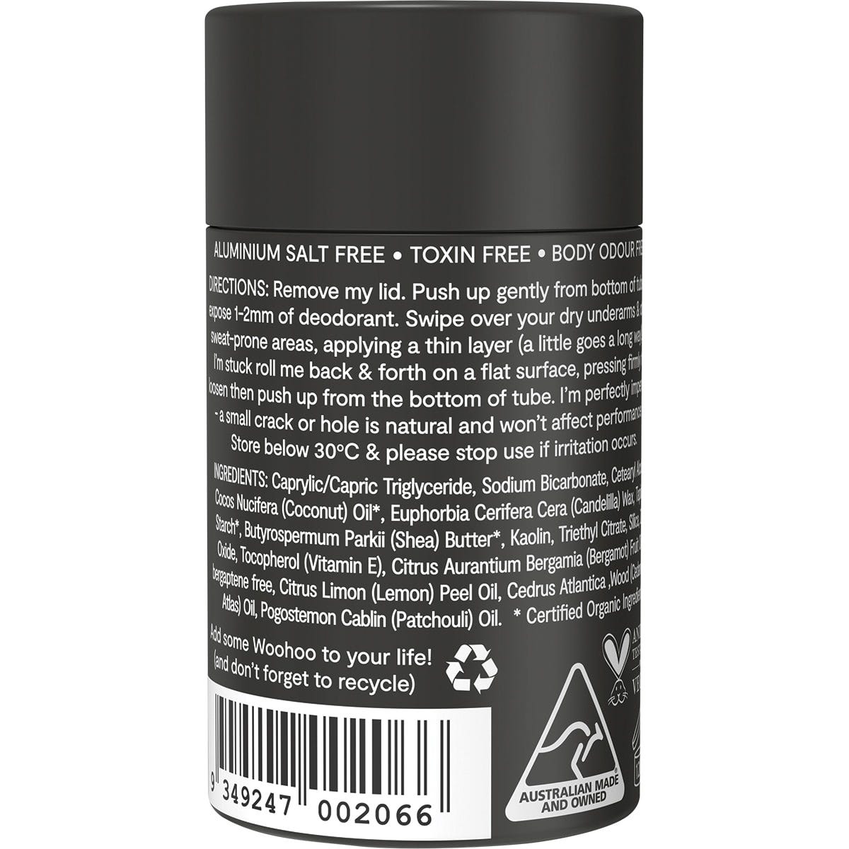 Back of a 60g Woohoo Body Tux Deodorant tube with ingredients, directions, and eco-friendly packaging details.