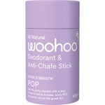 Woohoo Body Pop Extra Strength 60g natural deodorant and anti-chafe stick in a yellow cardboard tube.