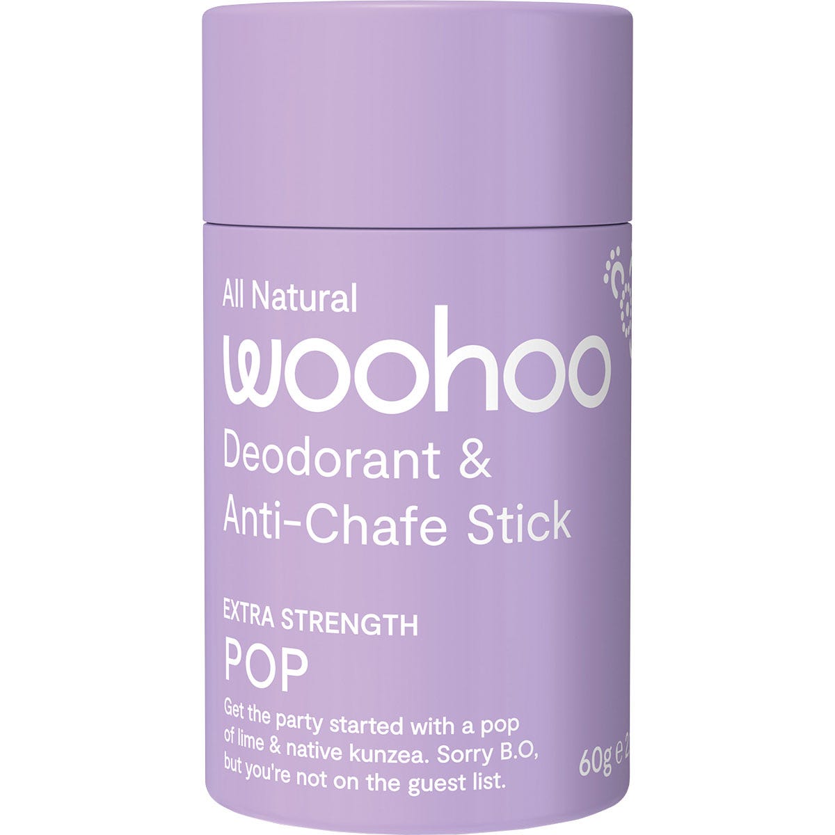 Woohoo Body Pop Extra Strength 60g natural deodorant and anti-chafe stick in a yellow cardboard tube.