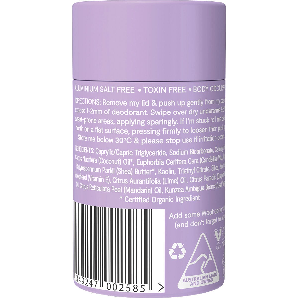 Back of Woohoo Pop Extra Strength deodorant tube with ingredients, directions, and Australian Made logo.