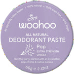A 60g tin of Woohoo Body Pop Extra Strength natural deodorant paste featuring a colorful lime and grapefruit design.