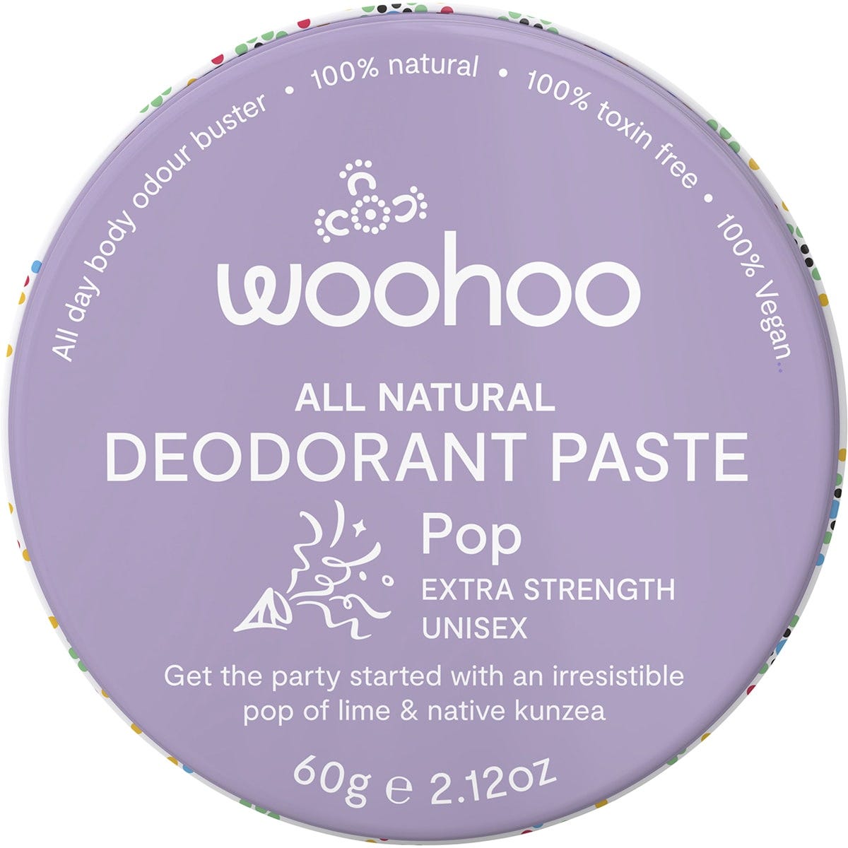 A 60g tin of Woohoo Body Pop Extra Strength natural deodorant paste featuring a colorful lime and grapefruit design.