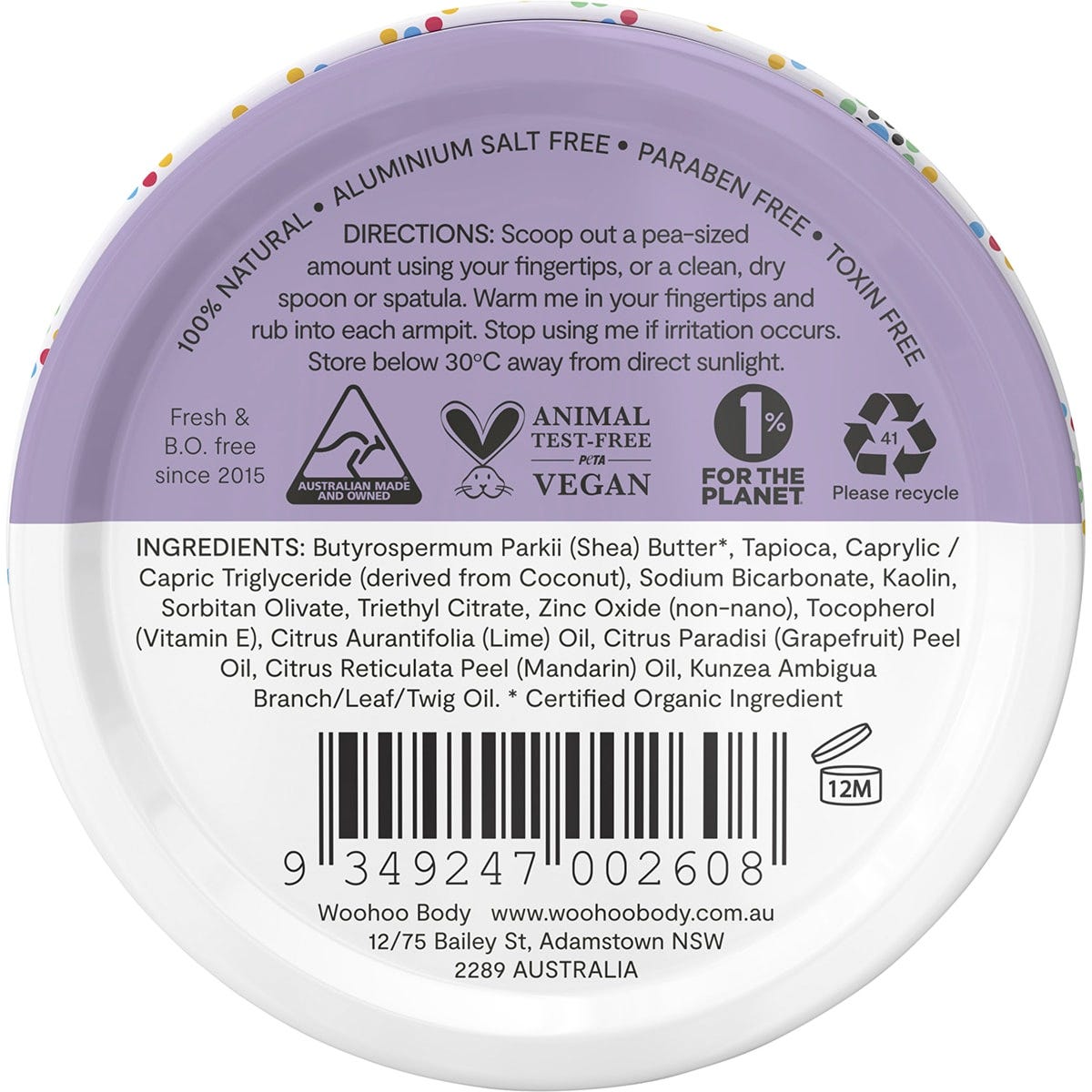 Back of Woohoo Body Pop 60g tin with ingredients, directions for use, and Australian made logo.