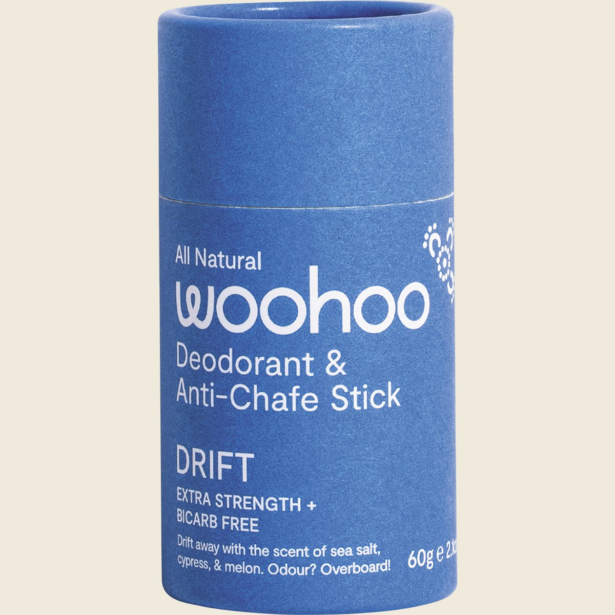 Woohoo Body Drift Extra Strength 60g deodorant stick in a blue and white biodegradable cardboard tube.