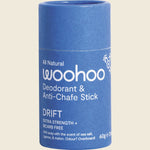 Woohoo Body Drift Extra Strength 60g deodorant stick in a blue and white biodegradable cardboard tube.