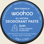 Woohoo Body Drift extra strength natural deodorant paste 60g in a blue and silver recyclable aluminium tin.