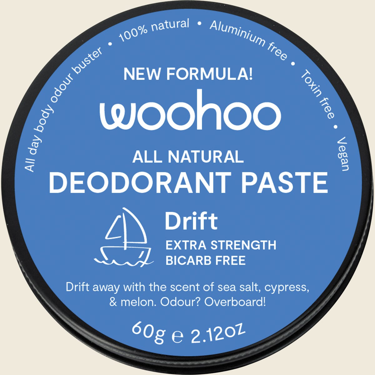 Woohoo Body Drift extra strength natural deodorant paste 60g in a blue and silver recyclable aluminium tin.