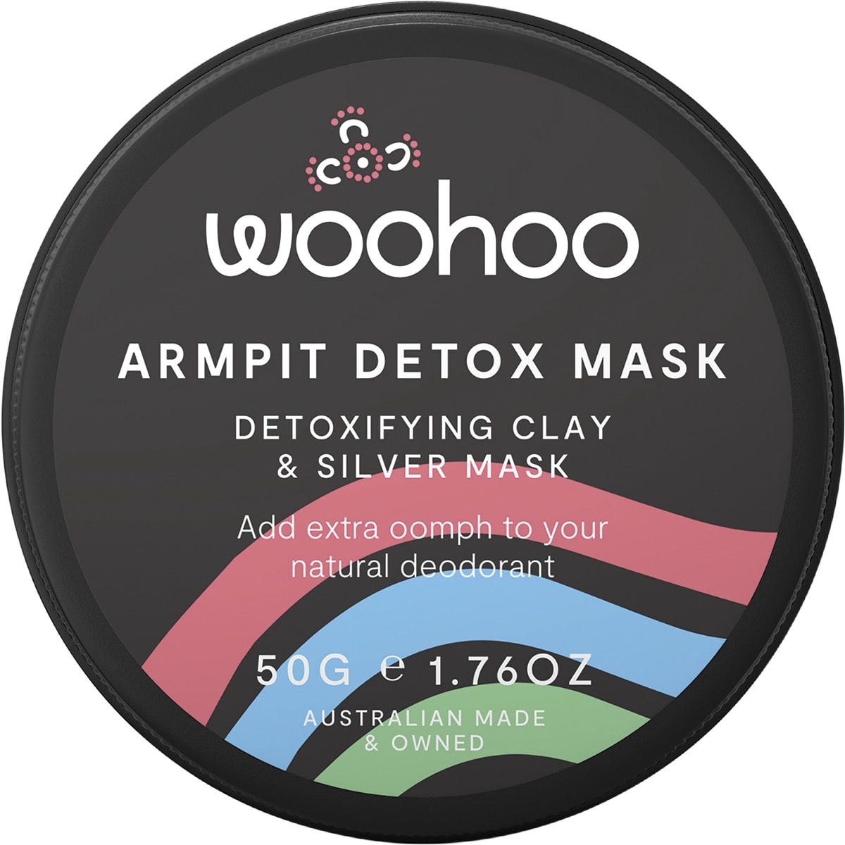 50g tin of Woohoo Body Armpit Detox Mask, a detoxifying clay and silver mask with botanical illustrations.