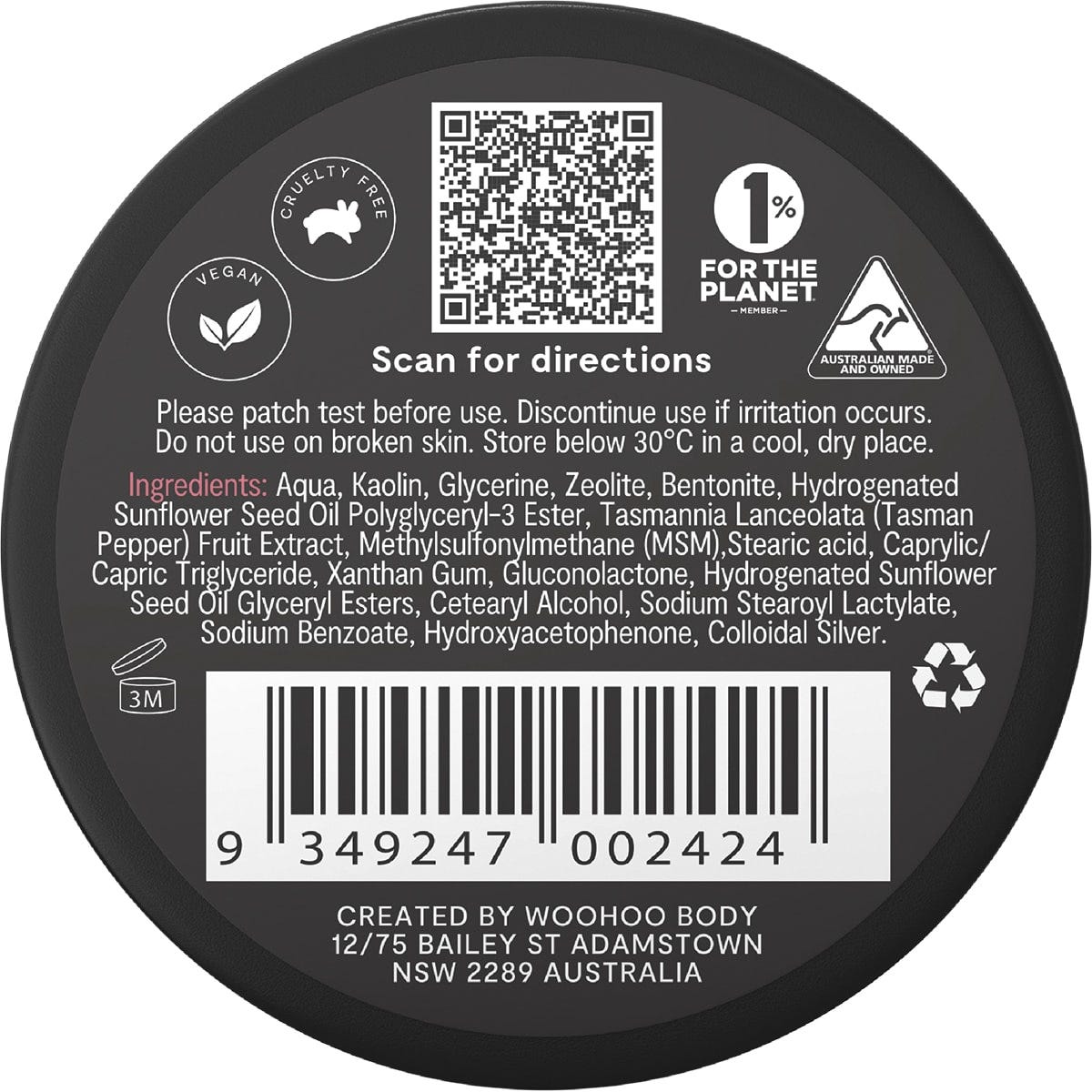 Back of 50g Woohoo Body Armpit Detox Mask tin with ingredients, usage directions, and product benefits.