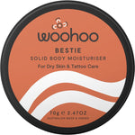 70g tin of Woohoo Body Bestie Solid Body Moisturiser for dry skin and tattoo care on a white background.