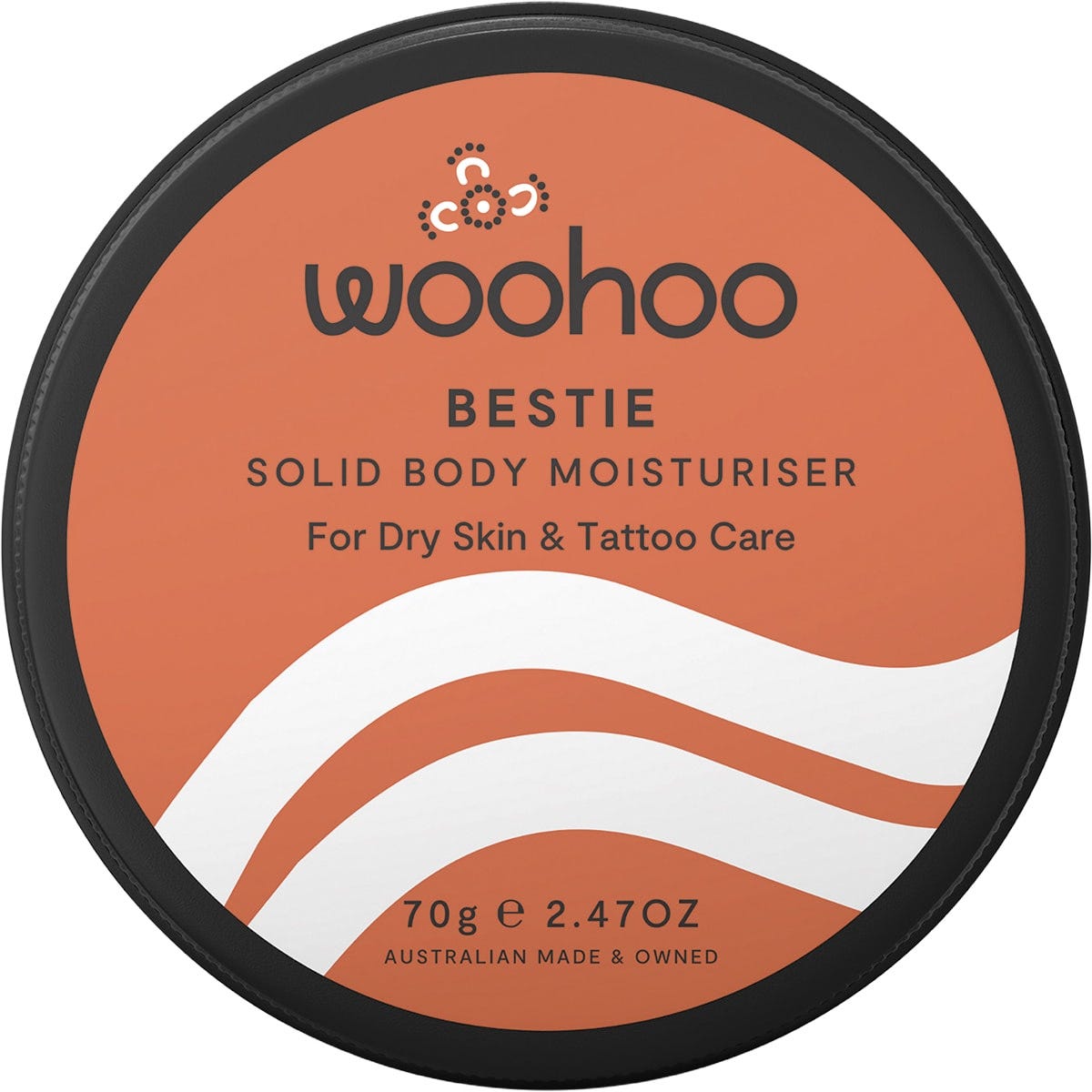 70g tin of Woohoo Body Bestie Solid Body Moisturiser for dry skin and tattoo care on a white background.