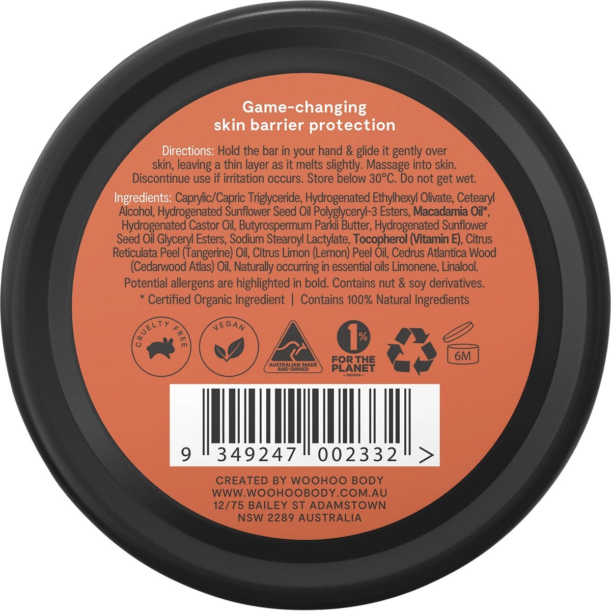 Back of Woohoo Body Bestie tin showing ingredients, directions for use, and a 100 percent recyclable packaging icon.