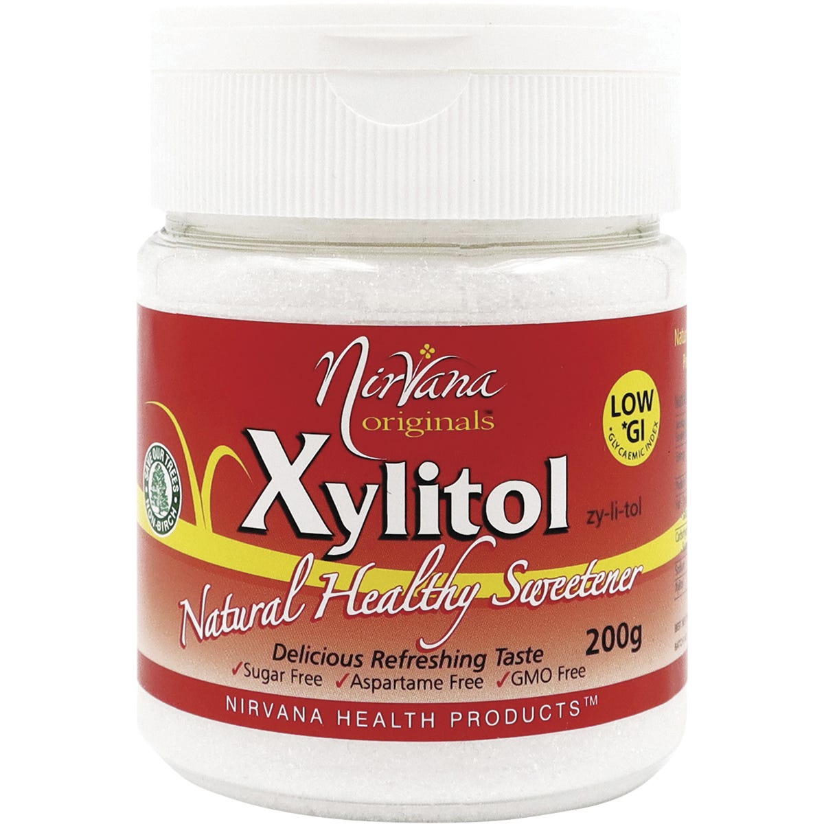 Nirvana Originals Xylitol 200g refillable shaker bottle with a white and blue label on a white background.