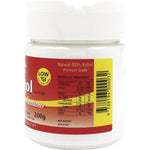 Right side of a Nirvana Originals Xylitol 200g shaker showing nutritional facts and usage directions.