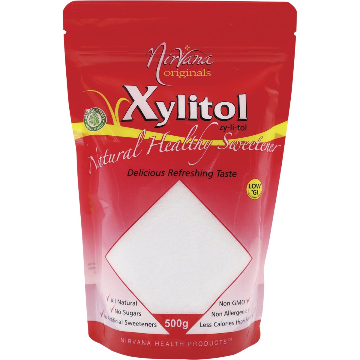 500g resealable pouch of Nirvana Originals Xylitol natural healthy sweetener featuring green and white branding.