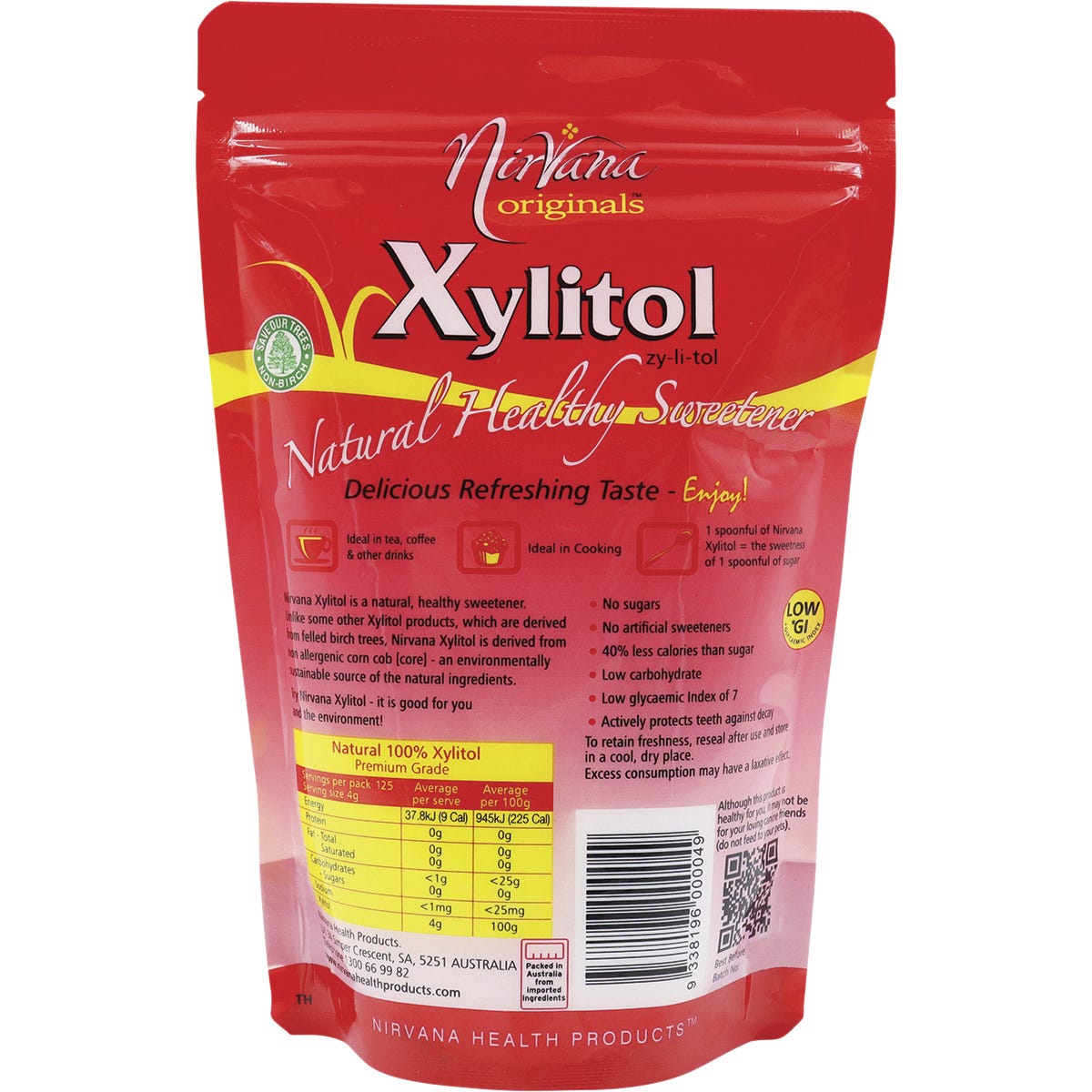 Back of Nirvana Originals Xylitol 500g pouch with nutrition facts, ingredients, and usage instructions.