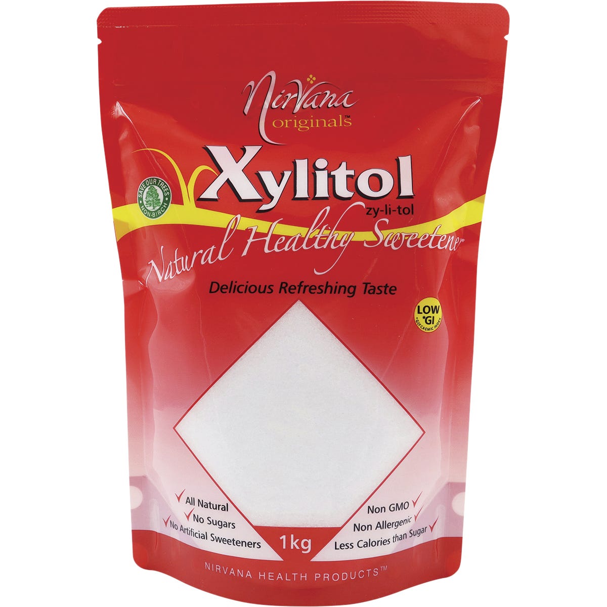 1kg resealable pouch of Nirvana Originals Xylitol, a natural sugar alternative with a low glycaemic index.