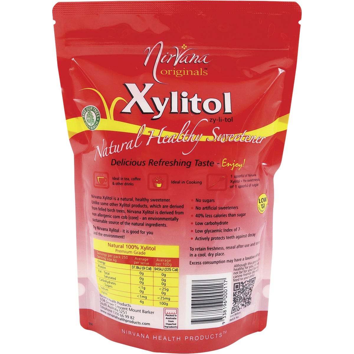 Back of Nirvana Originals Xylitol 1kg pouch with nutrition facts, ingredients, and storage information.