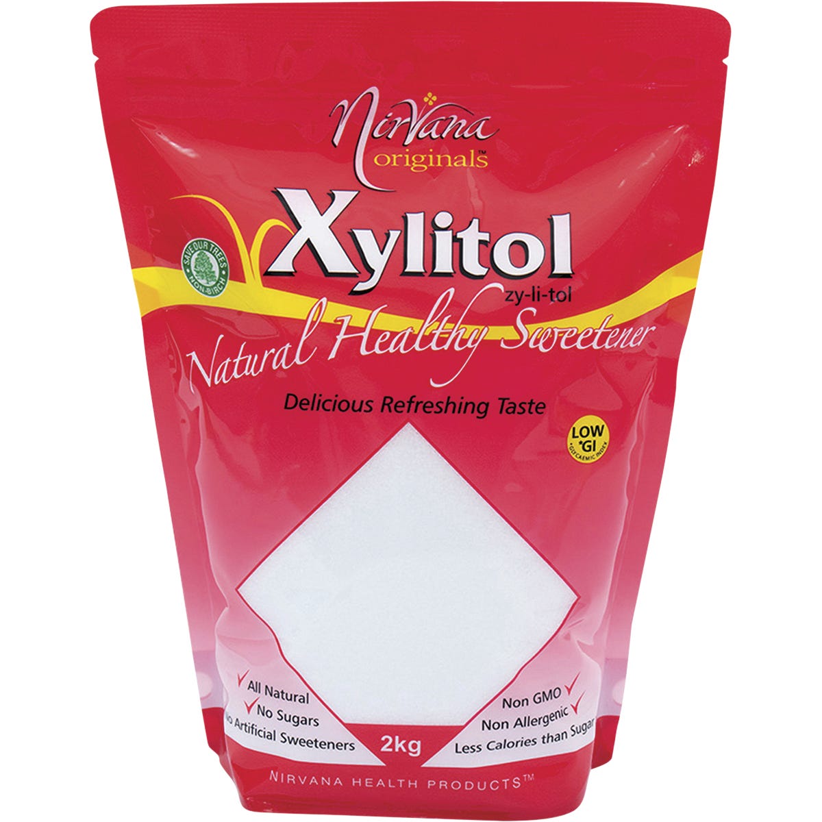 2kg resealable pouch of Nirvana Originals Xylitol, a 100% natural and sugar-free healthy crystalline sweetener.