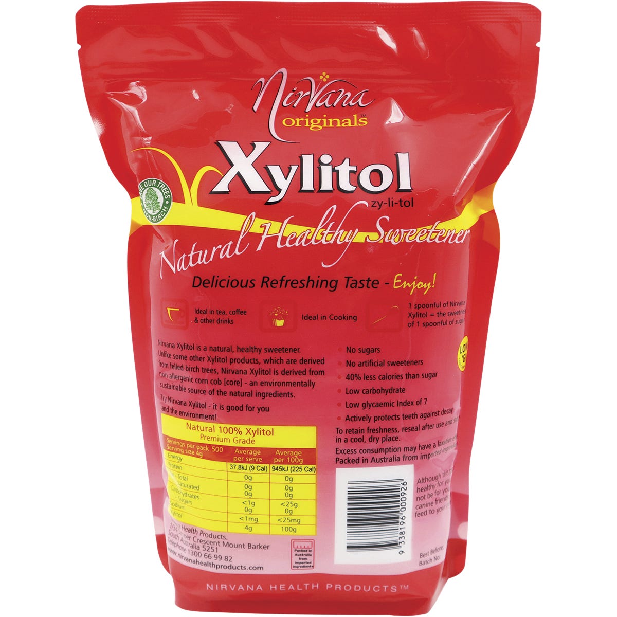 Back of Nirvana Originals Xylitol 2kg pouch with nutrition facts, ingredients, and storage instructions.