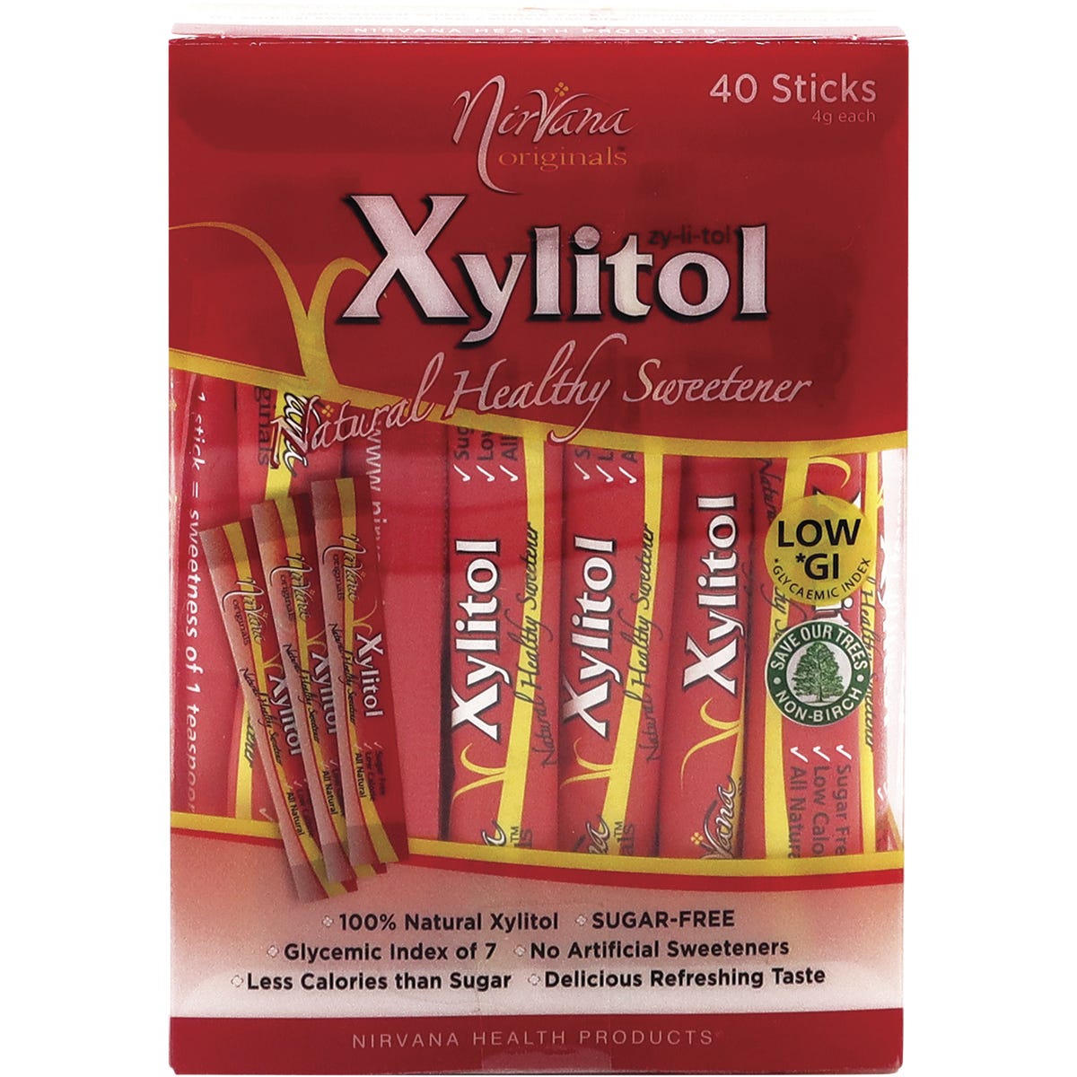 Nirvana Originals Xylitol 40-pack of 4g sticks in a white and blue box with a natural sugar alternative illustration.
