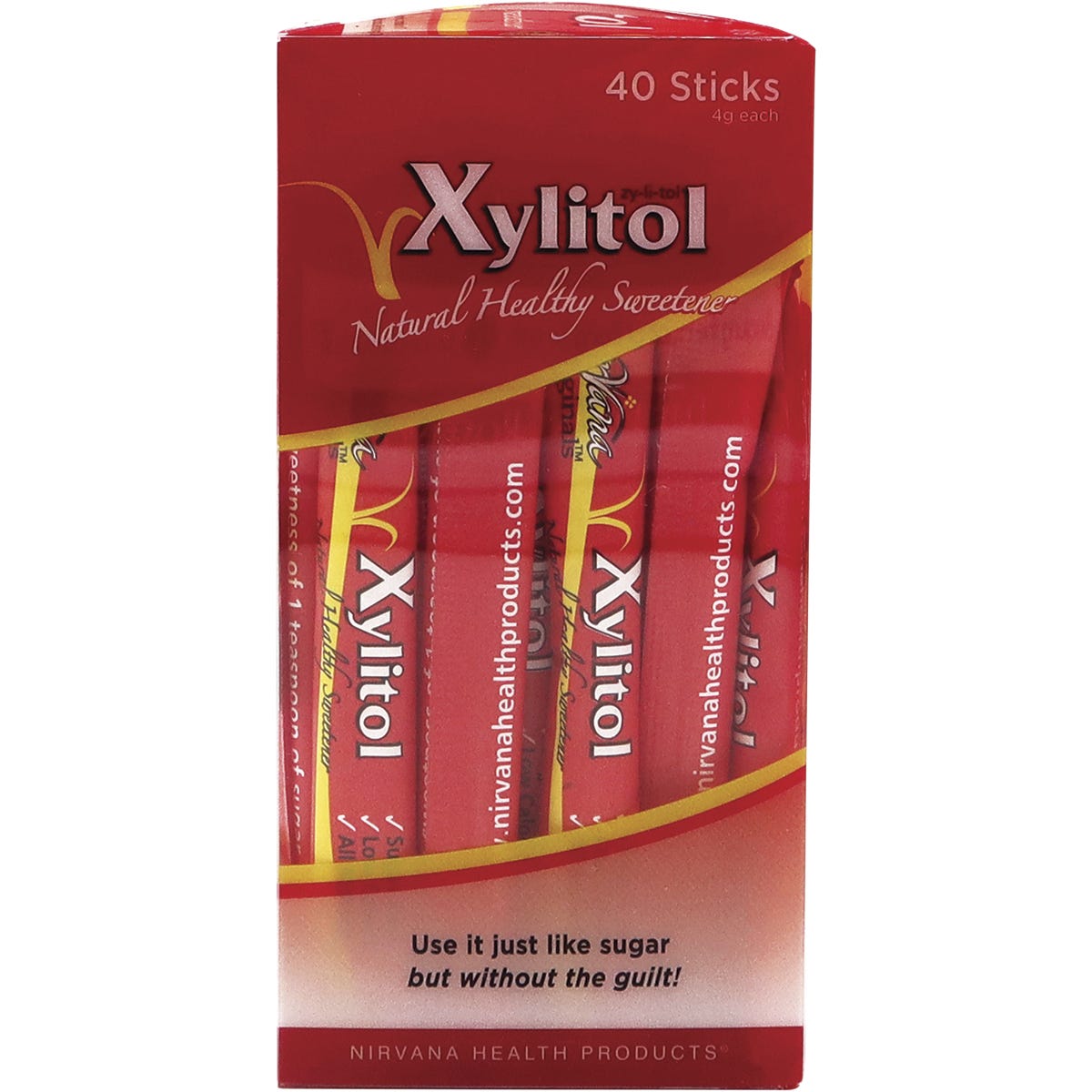 Right side of Nirvana Originals Xylitol 40-pack box highlighting product features and Australian-made logo.