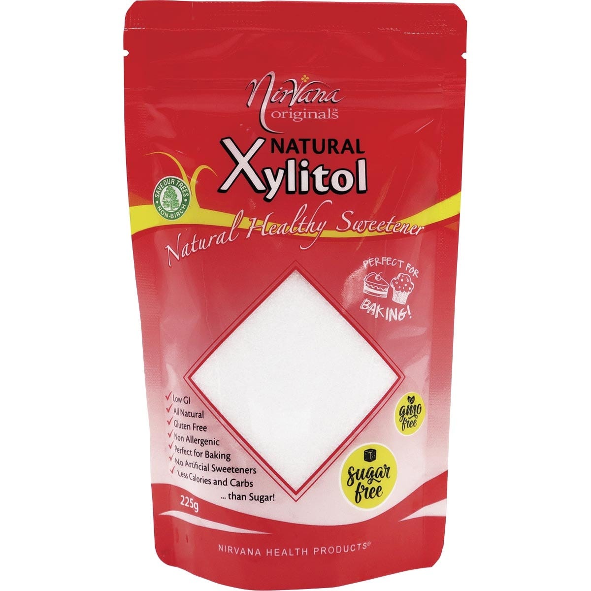 225g stand-up pouch of Nirvana Originals Xylitol, a natural sugar alternative with a low glycaemic index.
