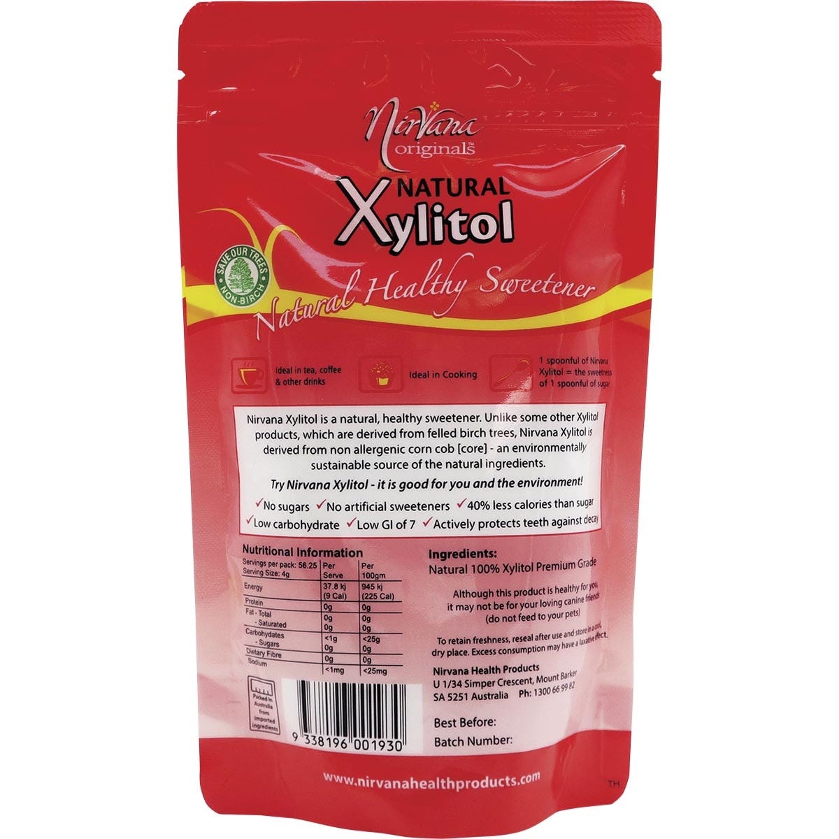 Back of Nirvana Originals Xylitol 225g pouch with nutrition facts, ingredients, and product benefits.