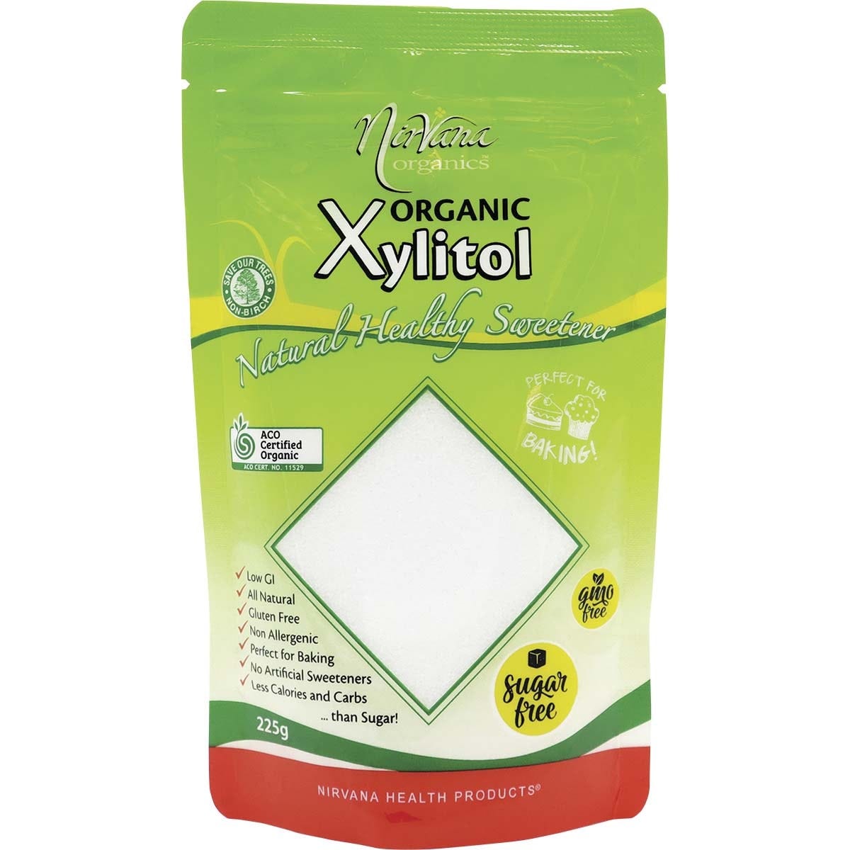 Nirvana Organics 225g pouch of certified organic xylitol, an all-natural sweetener that looks and tastes like sugar.