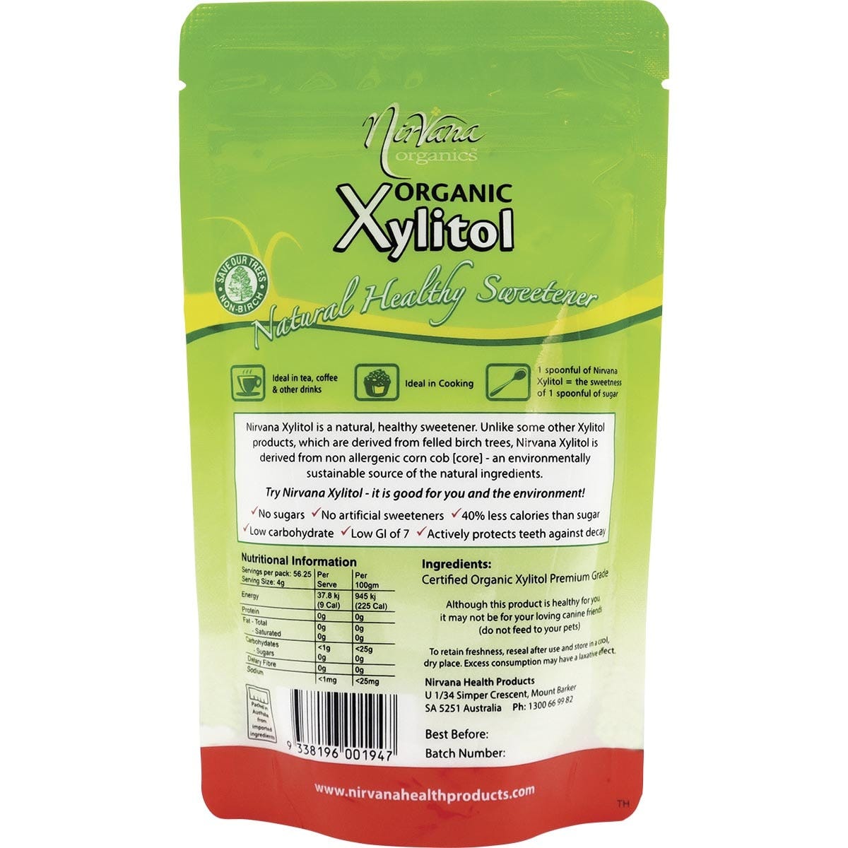 Back of 225g Nirvana Organics Xylitol pouch with nutrition facts, ingredients, and product information.