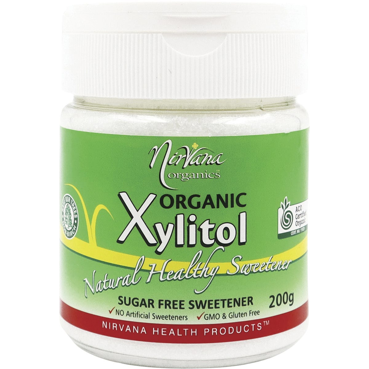 Nirvana Organics 200g refillable shaker of certified organic xylitol with a green and white label.