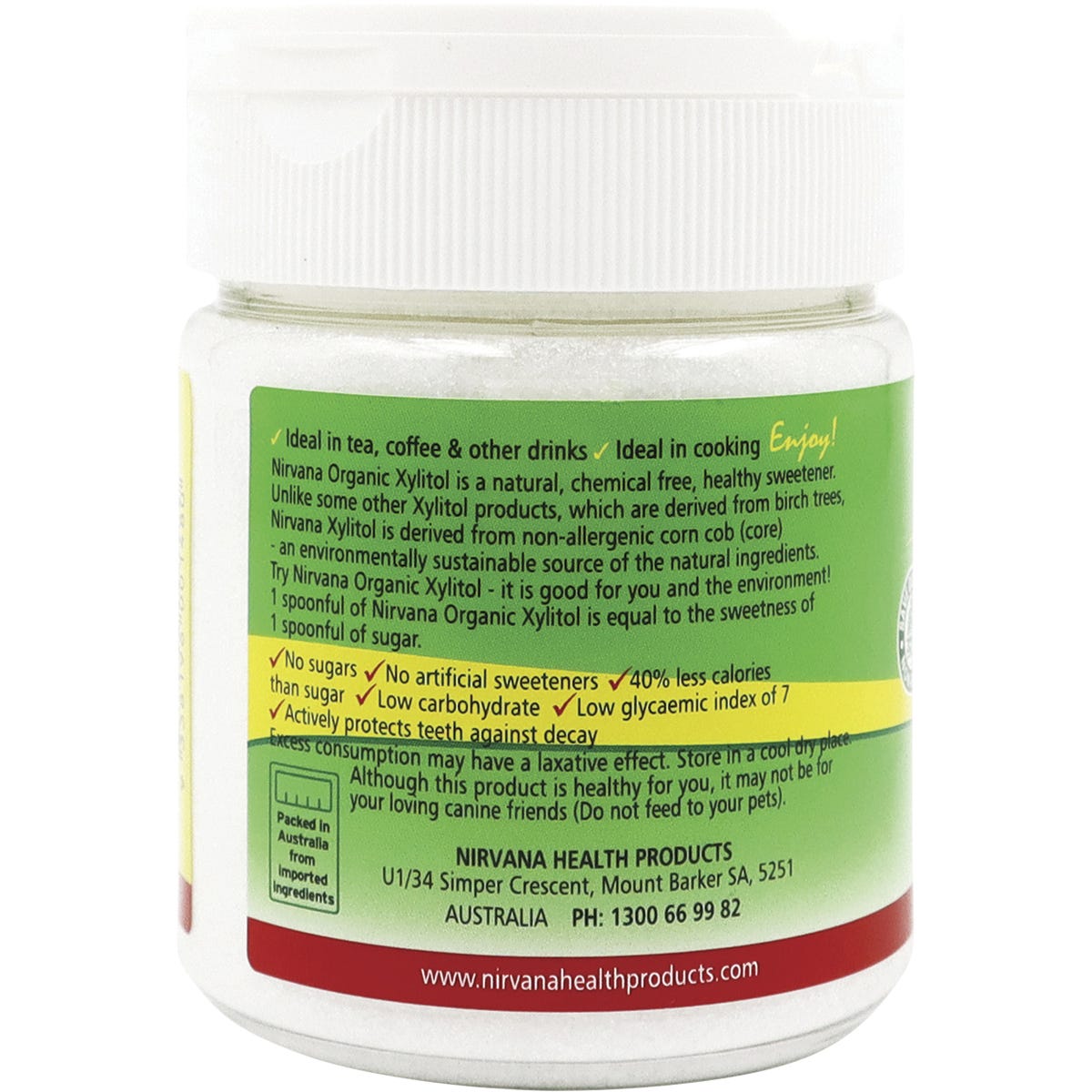 Left side of Nirvana Organics 200g Xylitol shaker showing nutritional information and directions for use.