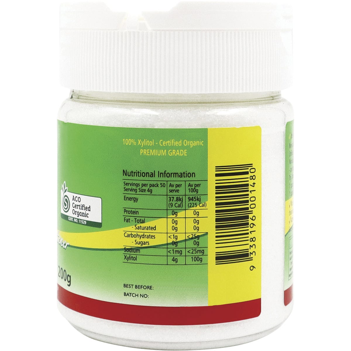 Right side of Nirvana Organics 200g Xylitol shaker highlighting benefits like non-GMO, low GI, and tooth protection.