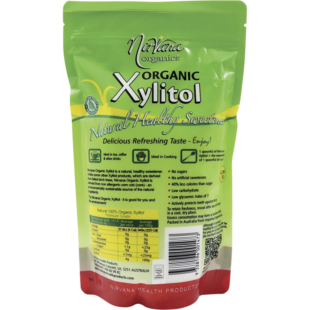 Back of a 750g Nirvana Organics Xylitol pouch showing nutritional facts, usage, and key benefits.