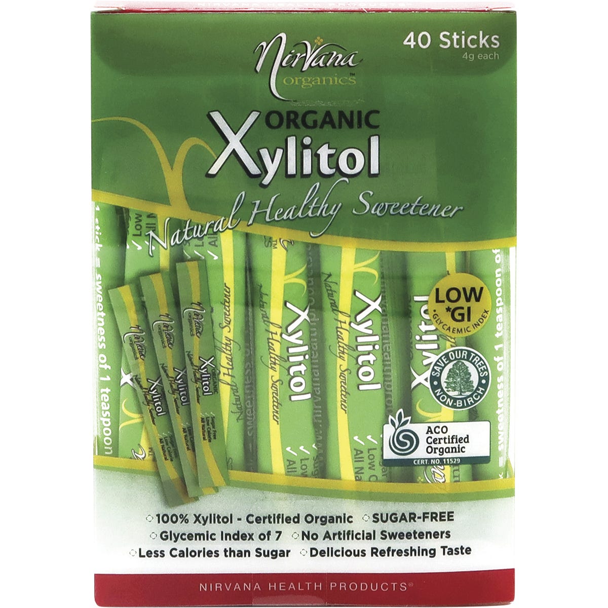 40-pack box of Nirvana Organics Certified Organic Xylitol 4g single-serve sticks, a natural sugar alternative.
