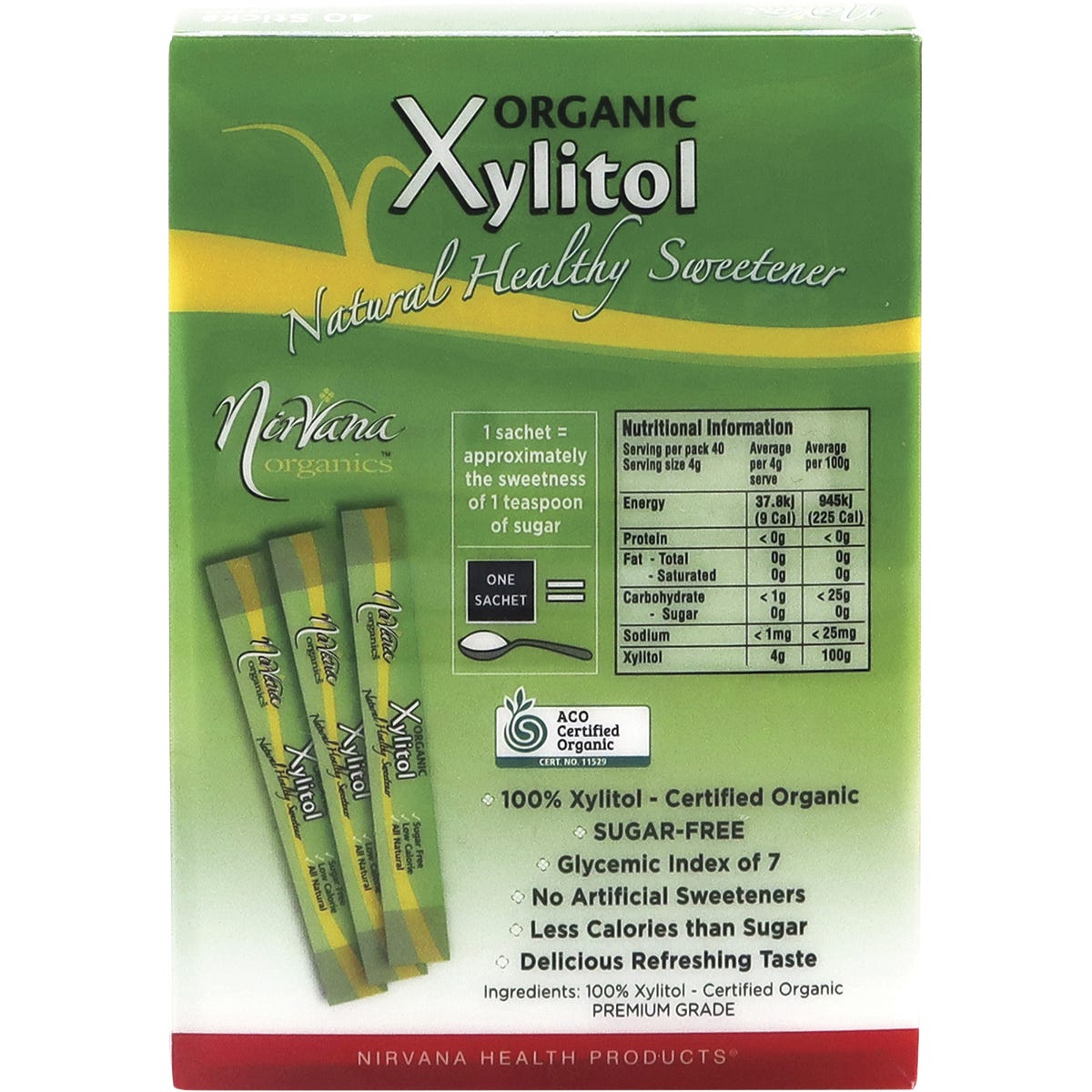 Back of Nirvana Xylitol 40-pack box with nutritional facts, ingredients, and storage instructions.