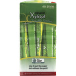 Side view of a 40-pack box of Nirvana Organics Xylitol sticks with product benefits and a green and white floral design.